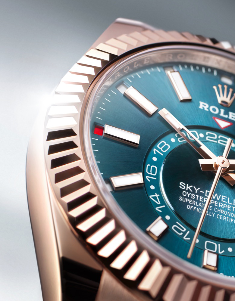 Closeup of Rolex Sky-Dweller fluted bezel