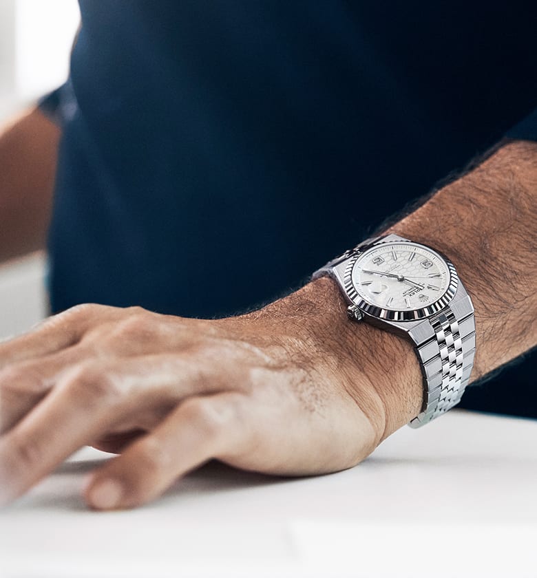 Rolex Land-Dweller Oystersteel and white gold sitting on wrist